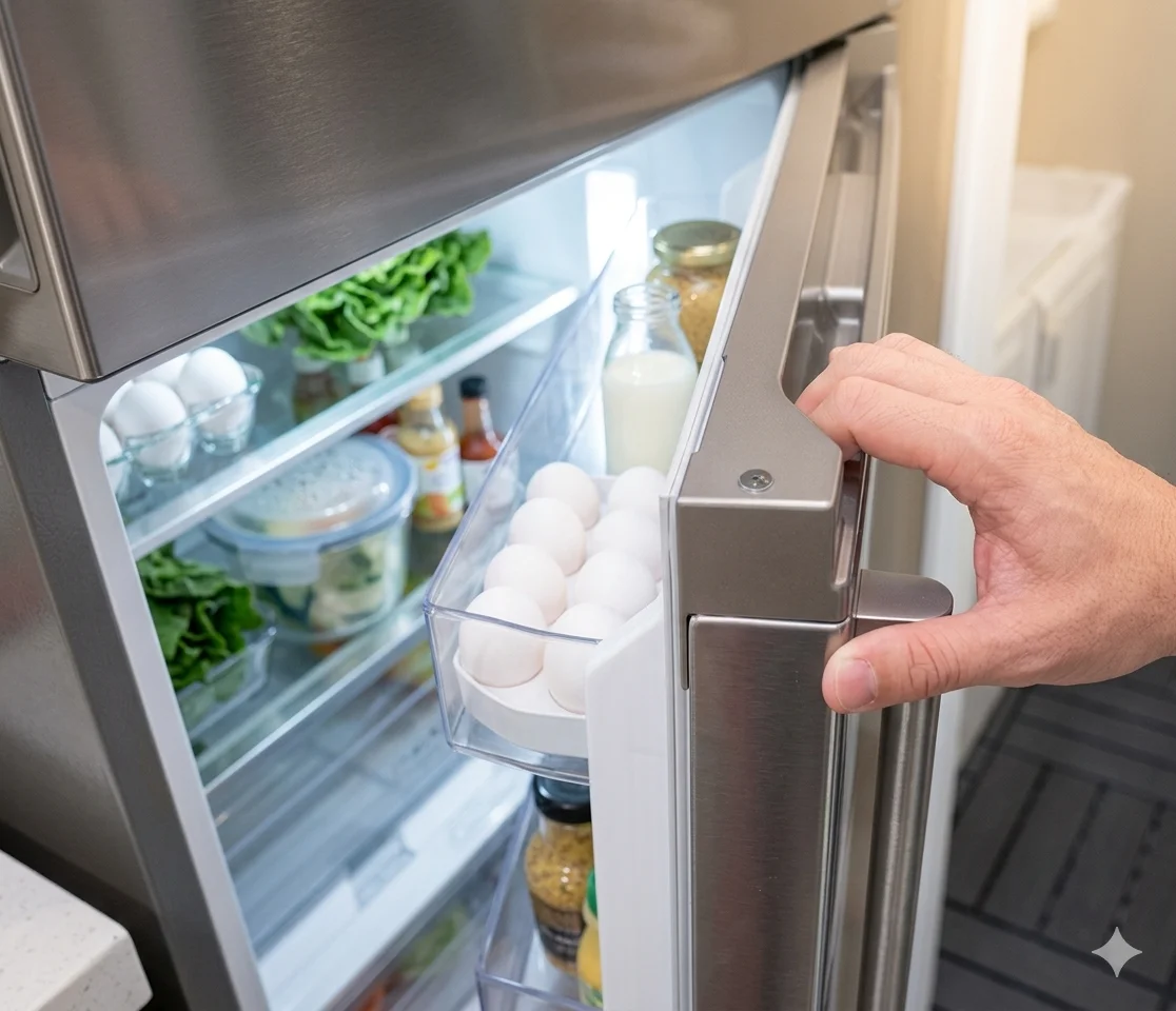 Modern stainless steel refrigerator being serviced in a kitchen